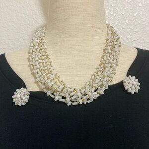 Hong Kong Vintage White Bead Multi Strand Necklace/Earrings